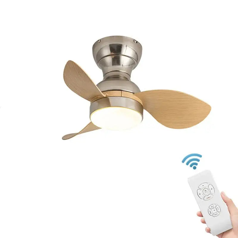 Modern black ceiling fan with stainless steel and light wood blades featuring integrated led lighting for bedroom use