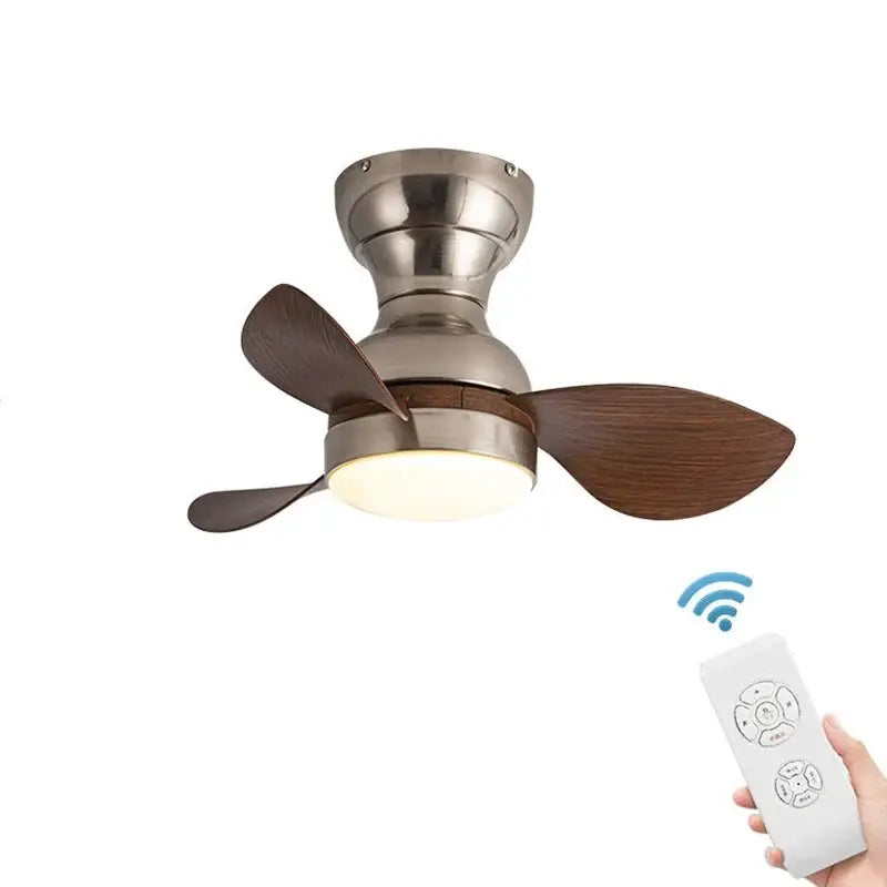 Modern black ceiling fan with brushed nickel finish, dark wood blades, and integrated led light for bedroom use