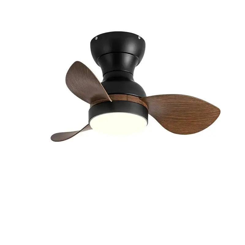 Modern black ceiling fan with wood-toned blades and integrated led light designed for bedroom use