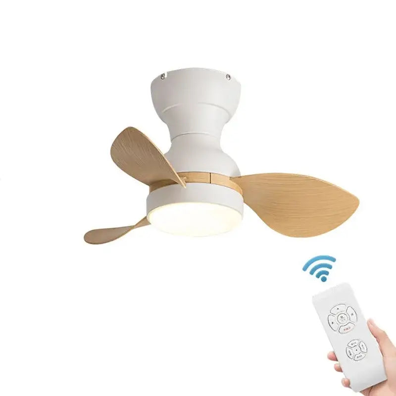 Modern black ceiling fan with white and light wood blades and integrated led lighting for bedroom use