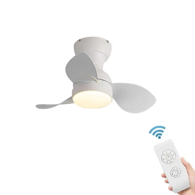 White ceiling fan with three blades and integrated led light shown with remote for modern black ceiling fan bedroom use