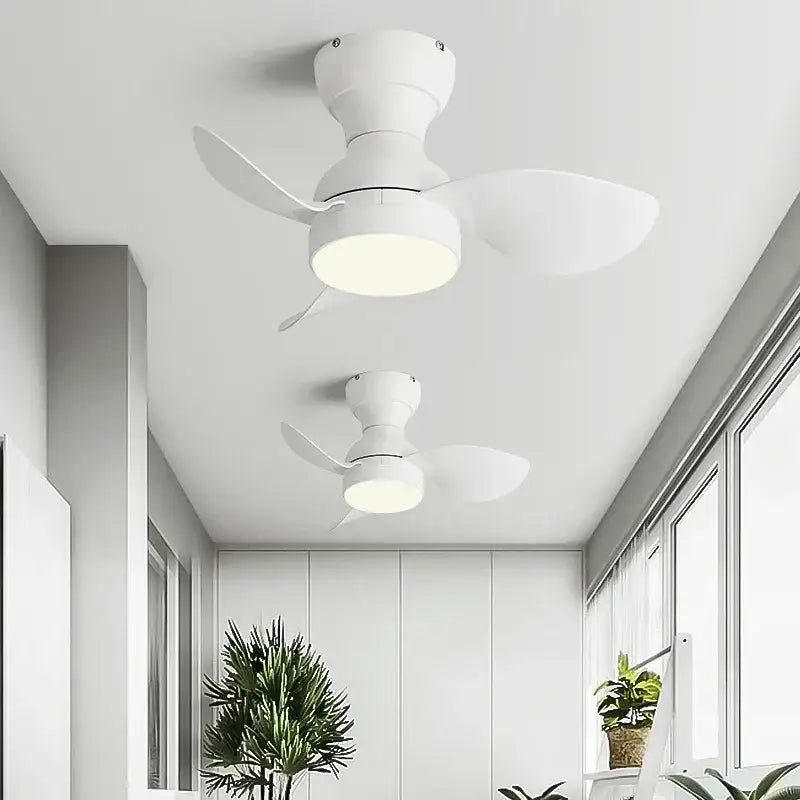 White ceiling fan with integrated light featuring sleek modern design and three smooth blades for bedroom use