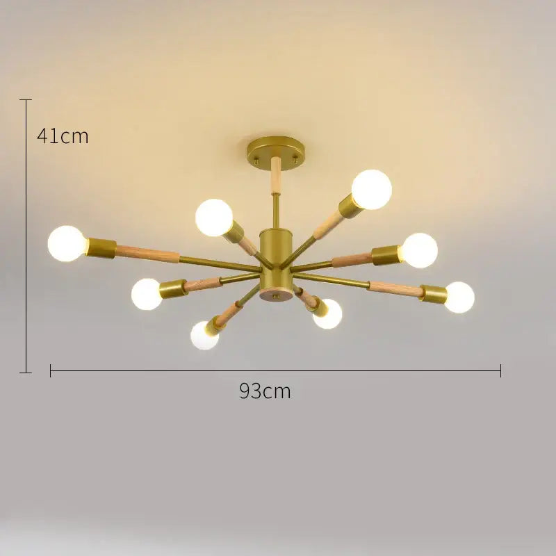 Gold-toned and wood-finished decorbites led wooden ceiling light with eight exposed bulbs for modern living room decor