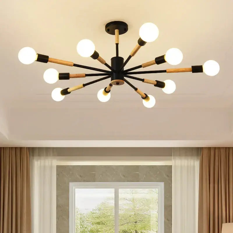 Modern black and wood led wooden ceiling light with multiple spherical bulbs for living room decorbites led wooden ceiling