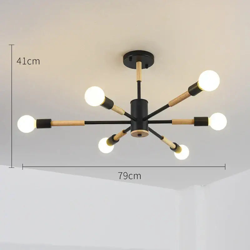 Modern black and wood decorbites led wooden ceiling light with six exposed bulbs for living room decor