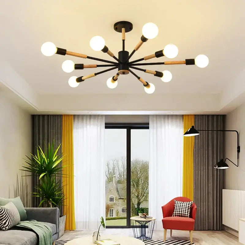 Modern black and wood led wooden ceiling light with multiple spherical bulbs for living room decorbites led wooden ceiling