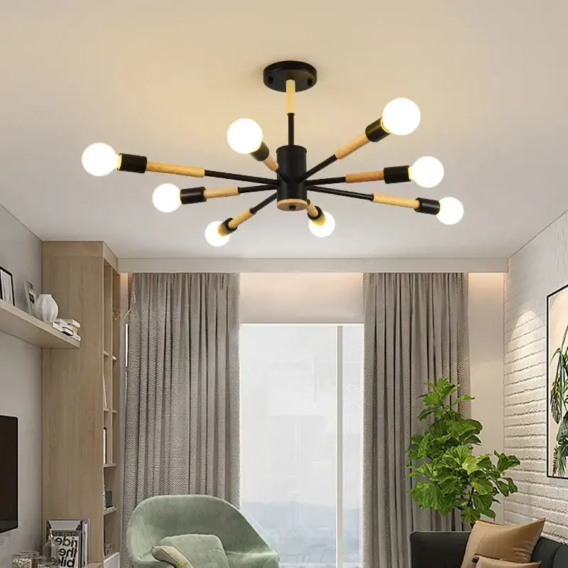 Modern black and wood led wooden ceiling light with eight exposed bulbs for living room decorbites led wooden design