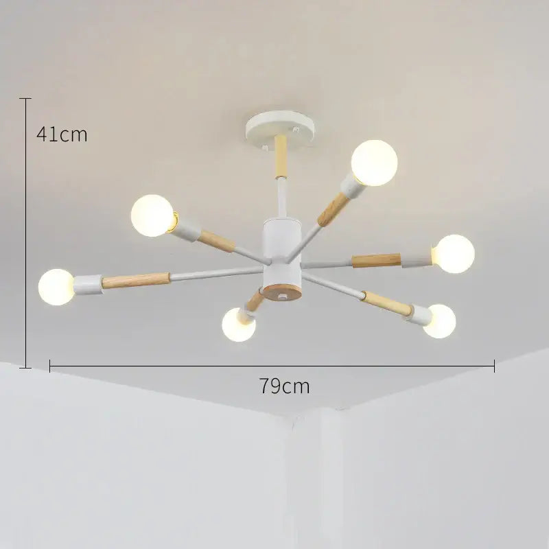 Modern white and wood-toned decorbites led wooden ceiling light with six arms and spherical bulbs for living room decor