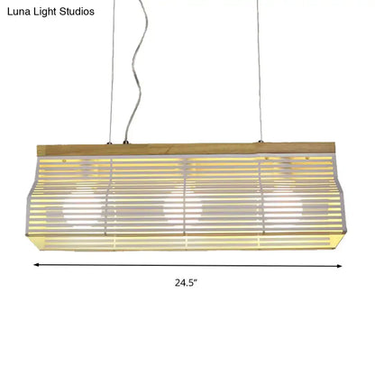 DecorBites modern black white island pendant light with wooden slats frosted glass panels warm golden glow