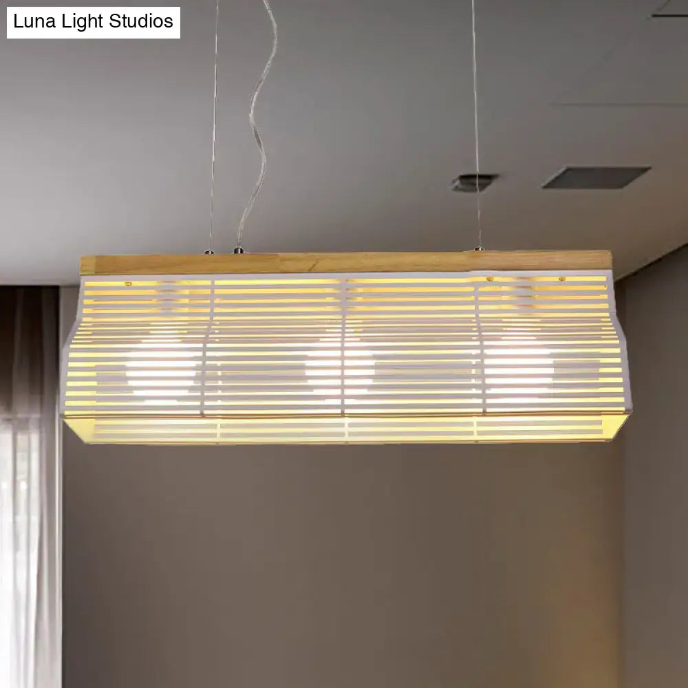 DecorBites modern black and white island pendant light with wooden slats and white panels for dining room lighting
