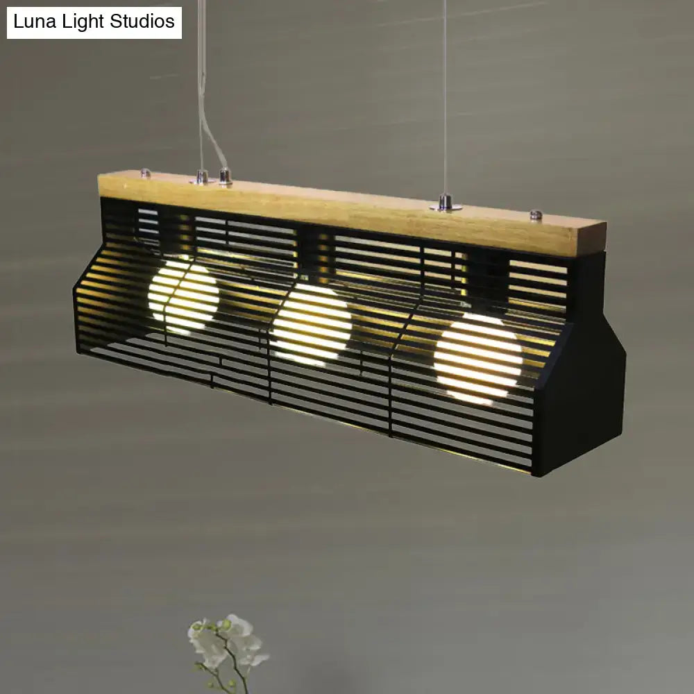 Decorbites modern black island pendant light with metal slatted body, wood top panel, and three warm bulbs for dining room
