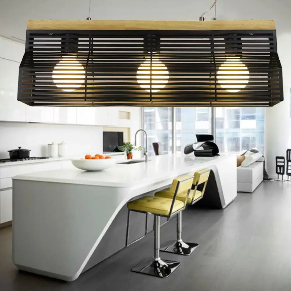 DecorBites modern black island pendant light with natural wood top and three exposed bulb fixtures for dining room lighting