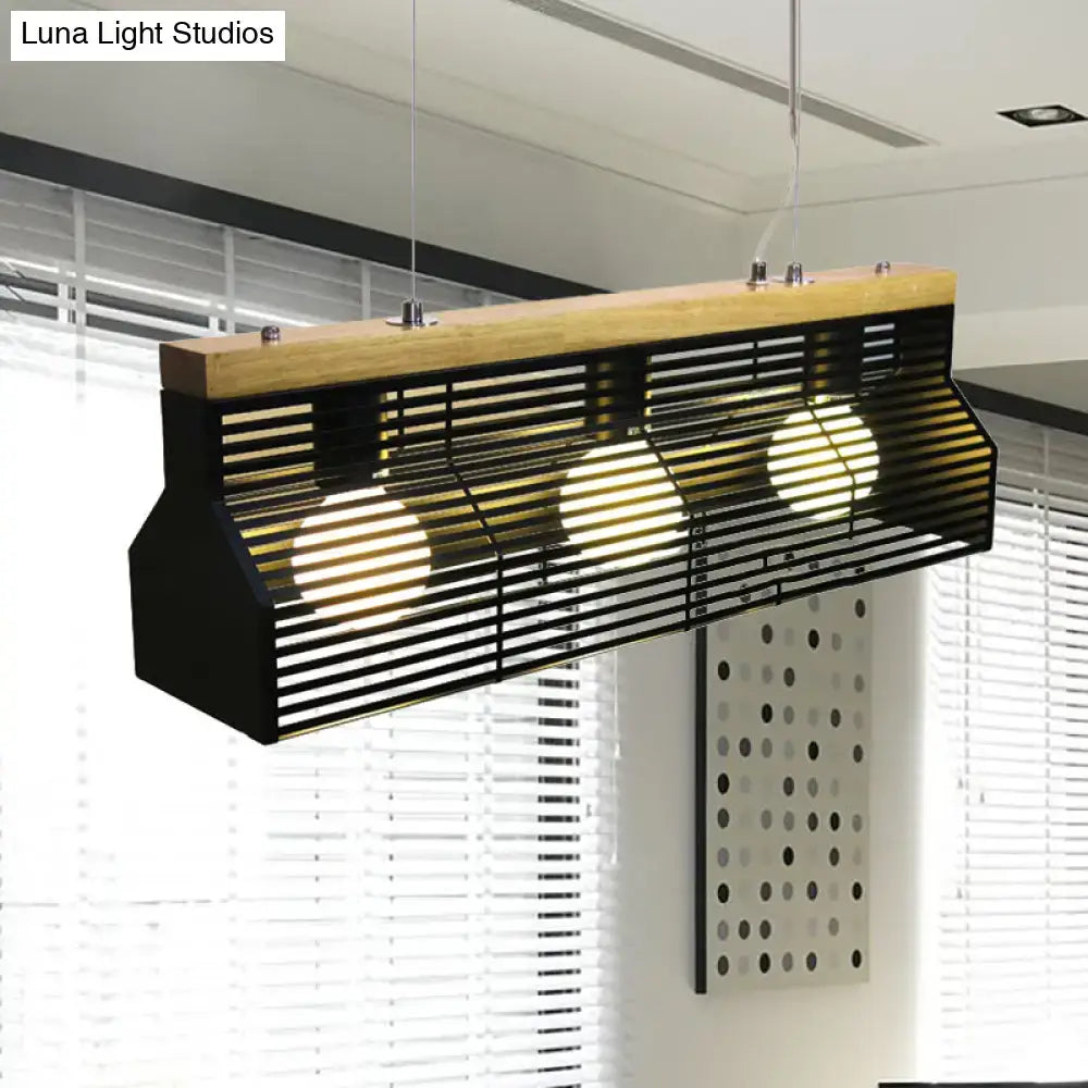 Decorbites modern black and wood slatted island pendant light with three glowing bulbs for dining room lighting
