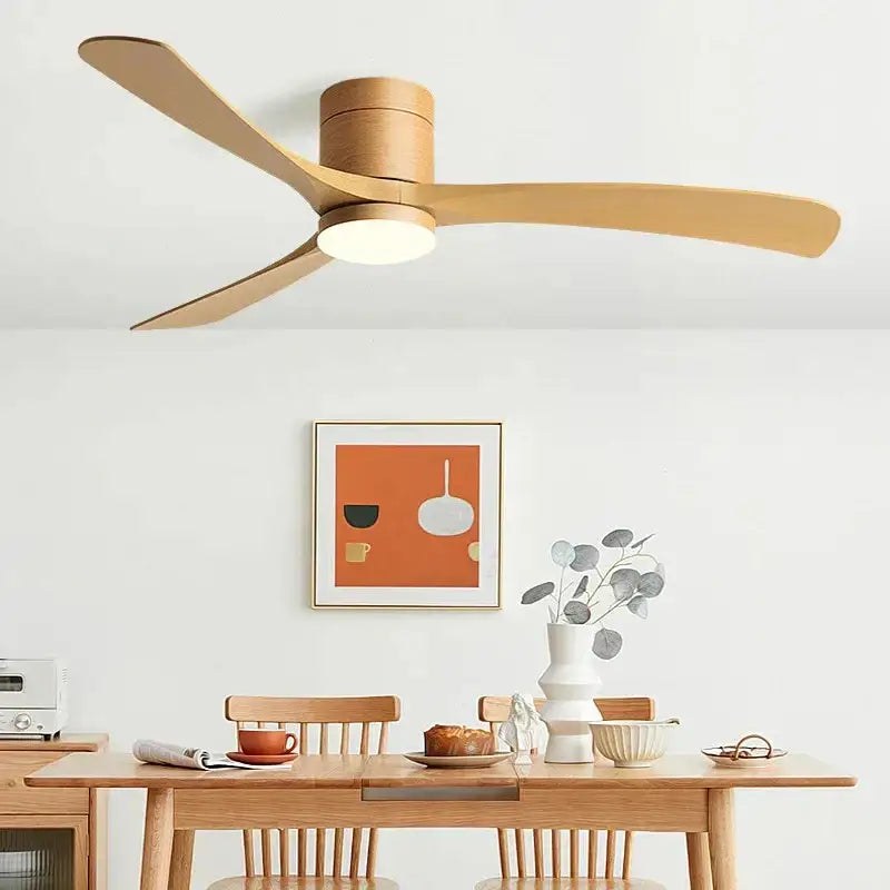 Modern black wooden ceiling fan with three sleek blades led light and remote control for bedroom use
