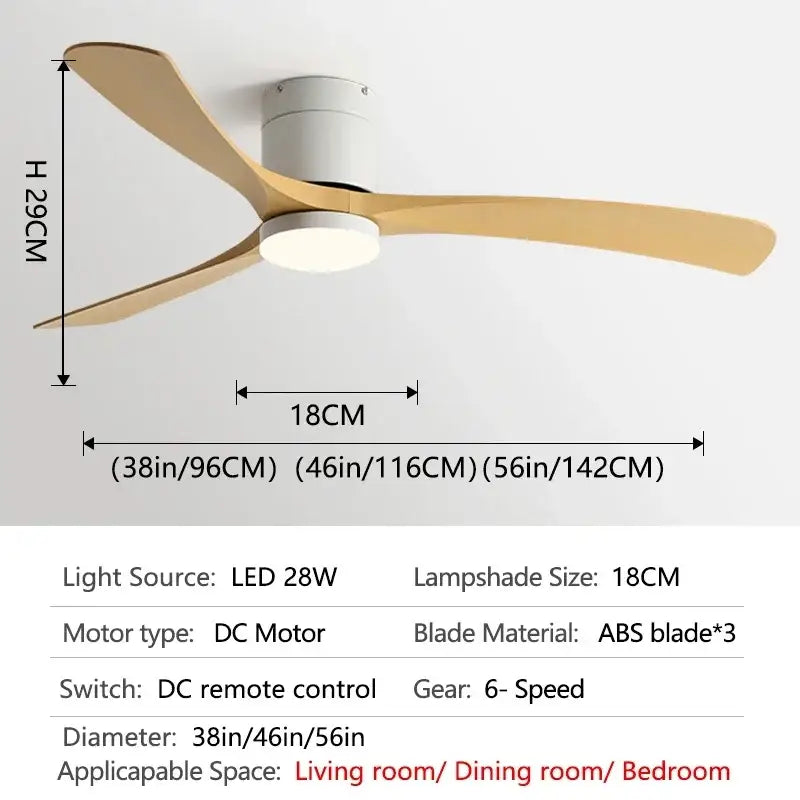 Modern black wooden ceiling fan with three light-colored blades, integrated led light, and remote control for bedroom use