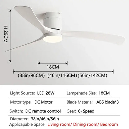 White ceiling fan with three abs blades featuring led light and remote control for modern bedroom use