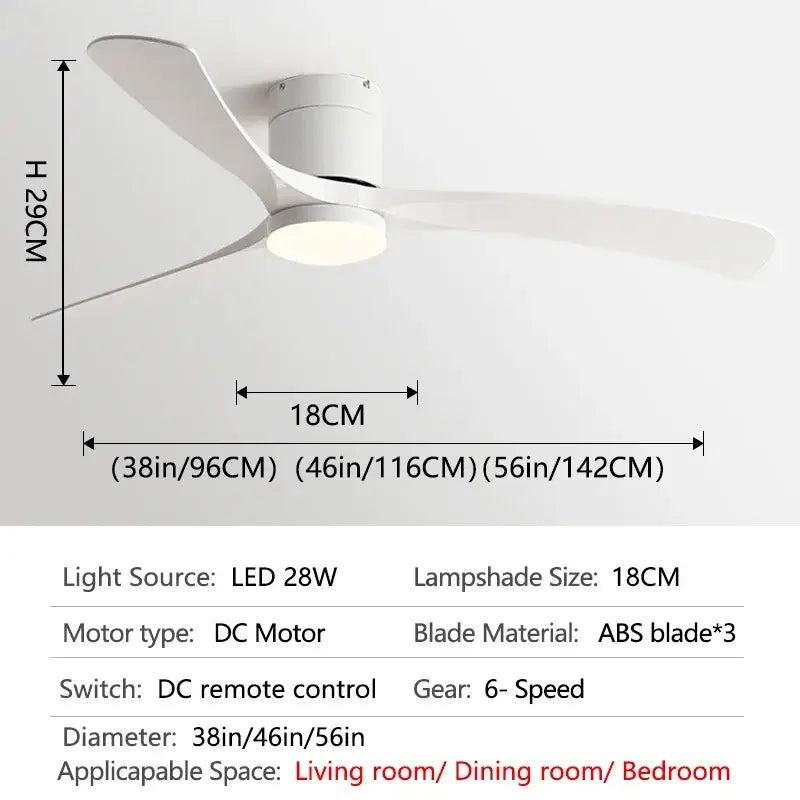 White ceiling fan with three abs blades featuring led light and remote control for modern bedroom use