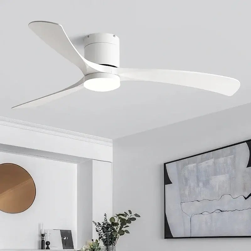 White ceiling fan with sleek modern blades and integrated led light designed for remote control use in bedrooms