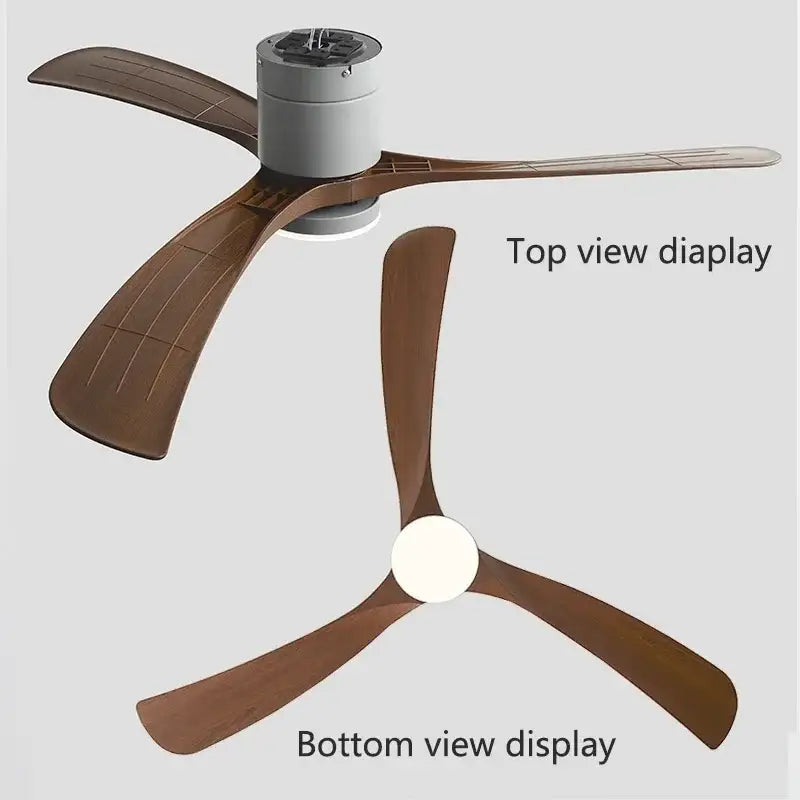 Modern black wooden ceiling fan with brown wooden blades, led light, and remote control for bedroom use