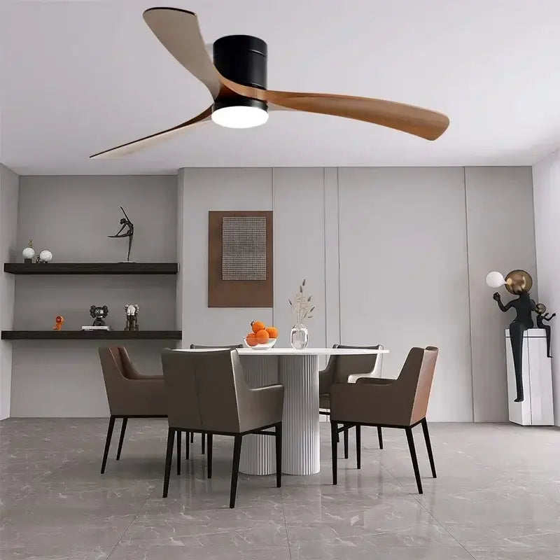 Modern black wooden ceiling fan with led light and remote control featuring three wooden blades and sleek black housing