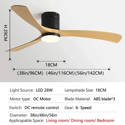Modern black wooden ceiling fan with three light wooden blades, led light, and remote control for bedroom use
