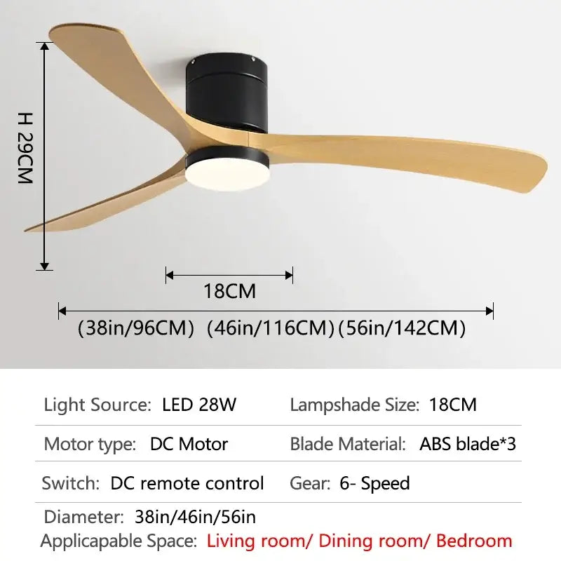 Modern black wooden ceiling fan with three light wooden blades, led light, and remote control for bedroom use