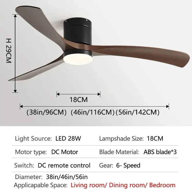 Modern black wooden ceiling fan with three dark brown abs blades led light and remote control for bedroom use