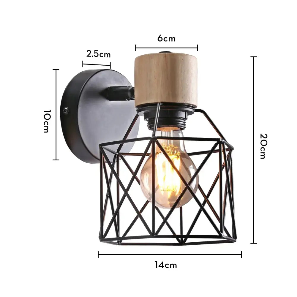 Modern black wooden wall light featuring an industrial metal cage and wooden top cap with exposed Edison bulb decorbites black wooden wall light