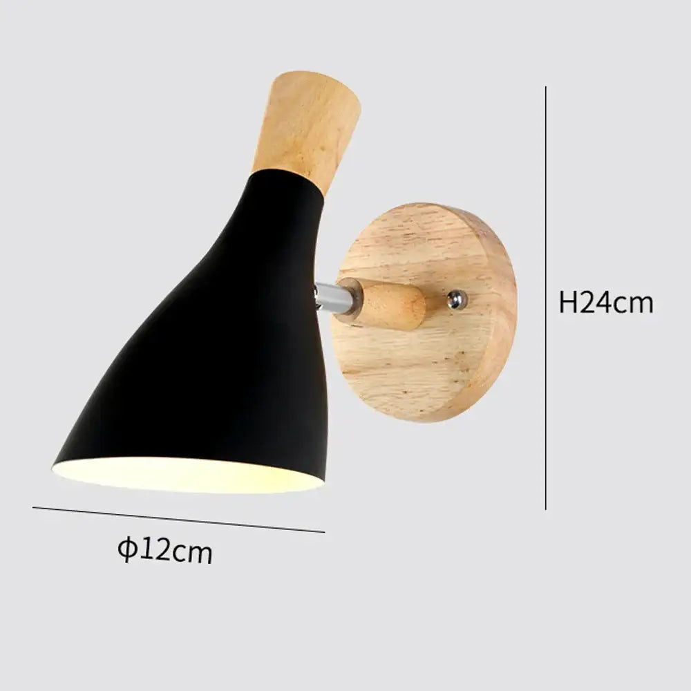 Modern black wooden wall light with matte black conical lampshade and light wood accents by decorbites for living room decor