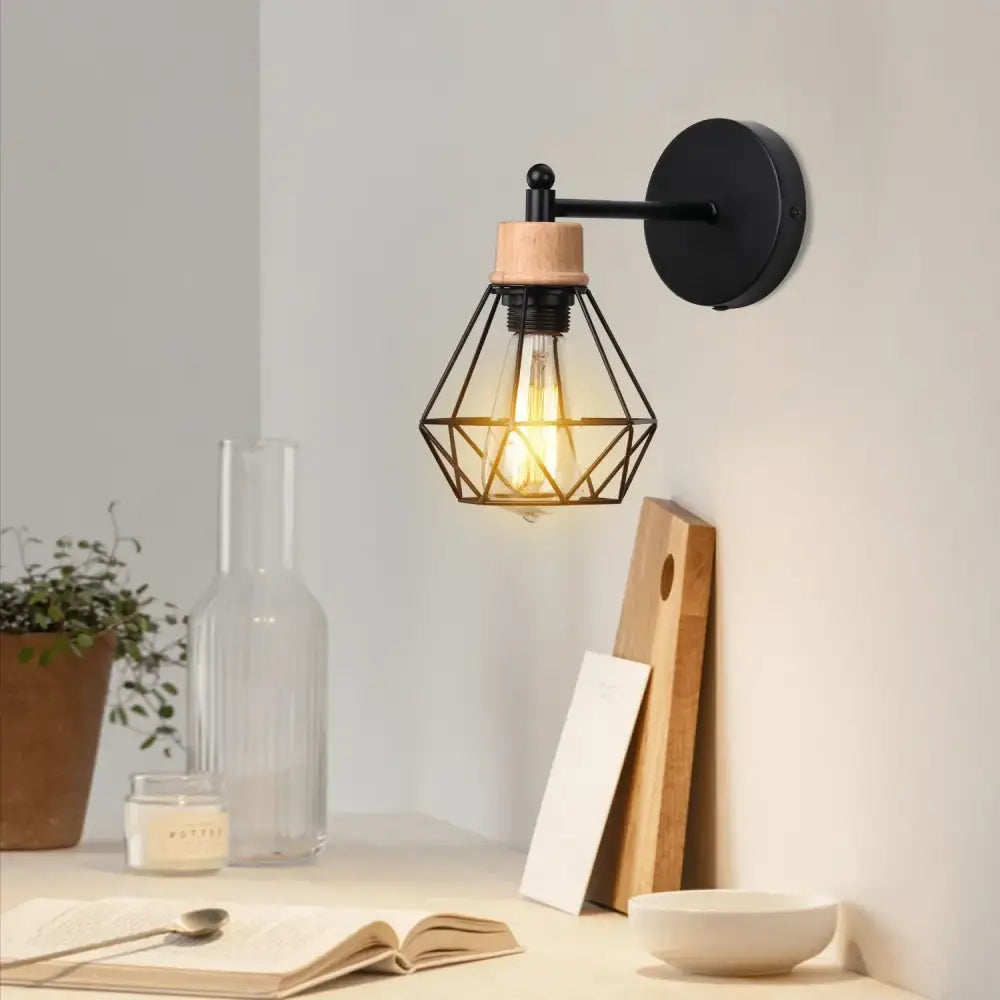 Modern black wooden wall light featuring a geometric cage design and wooden accent for living room decorbites black wooden wall