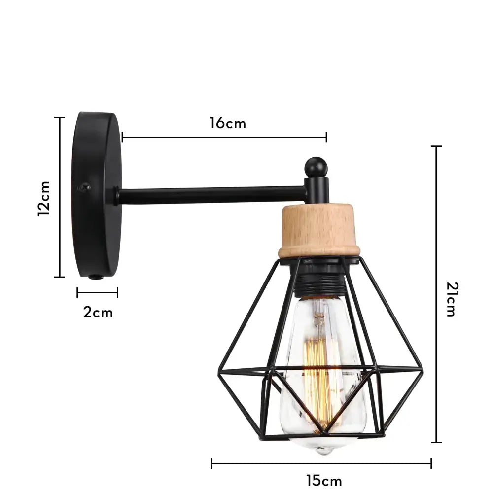 Modern black wooden wall light with geometric metal cage and wooden accent cap featuring exposed filament bulb decorbites black wooden wall light