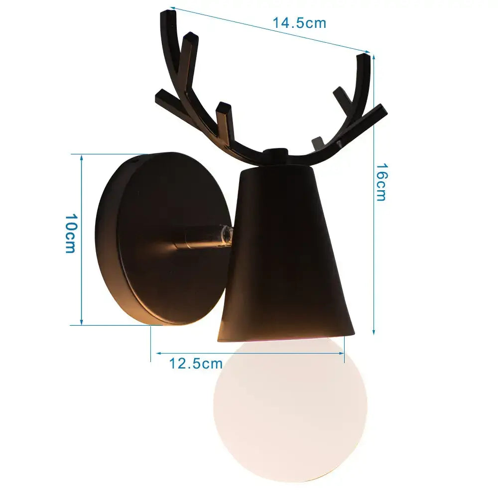Modern black wooden wall light featuring a black metal deer-head antler sconce with frosted glass globe decorbites black wooden