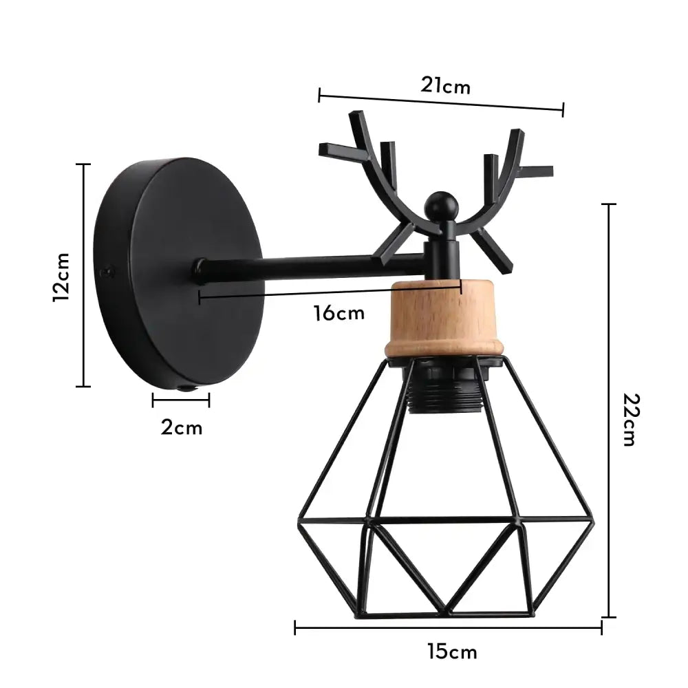 Modern black wooden wall light with deer antler design and geometric wire cage for living room decorbites black wooden wall