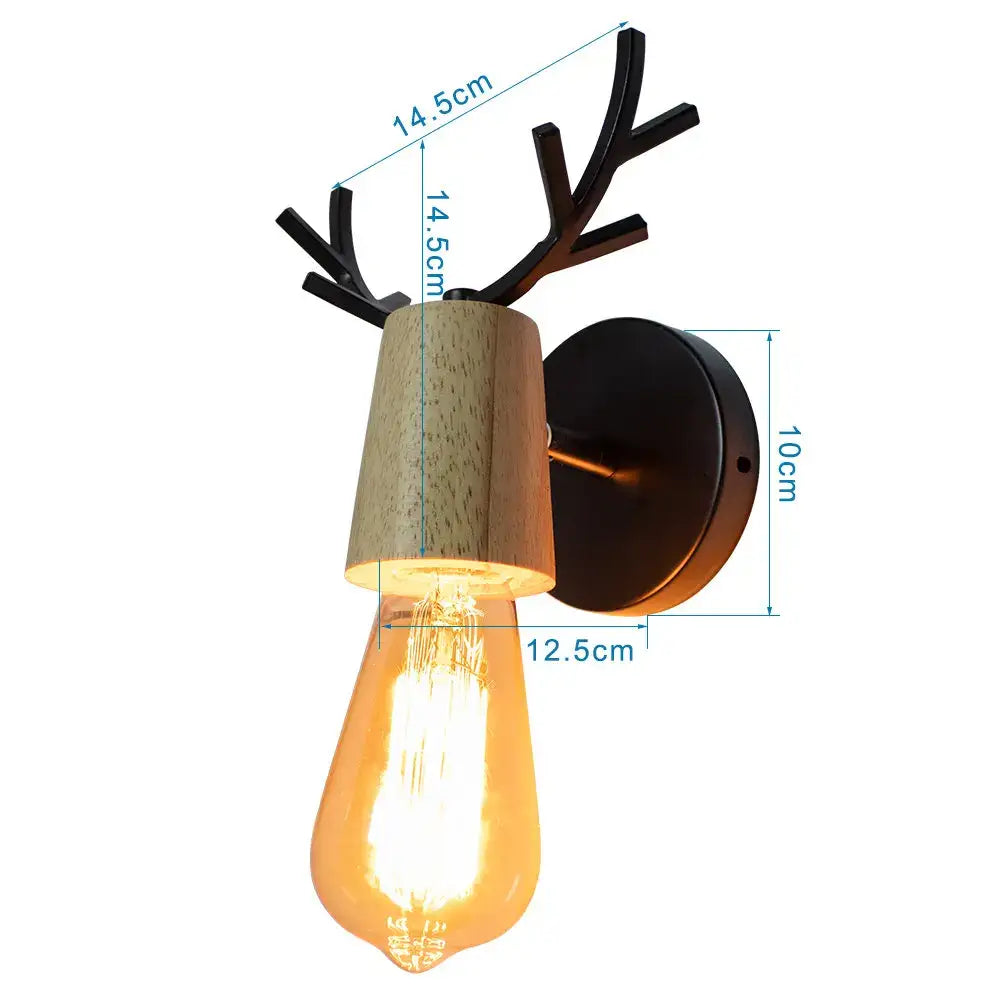 Modern black wooden wall light with antler sconce design, natural wood body, and exposed Edison bulb for decorbites black wooden decor