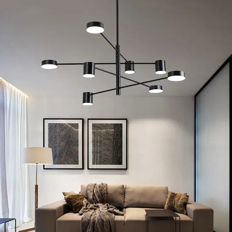 Modern black wrought iron chandelier with cylindrical lights and minimalist geometric design for living room radial light