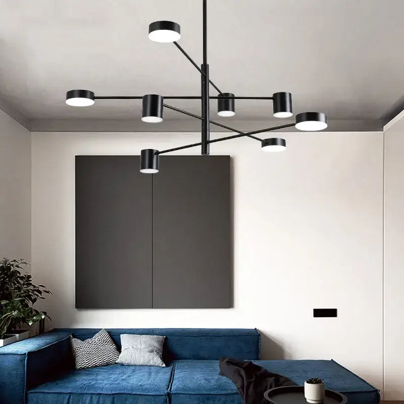 Modern black wrought iron chandelier with multiple cylindrical lights and minimalist design for living room radial light