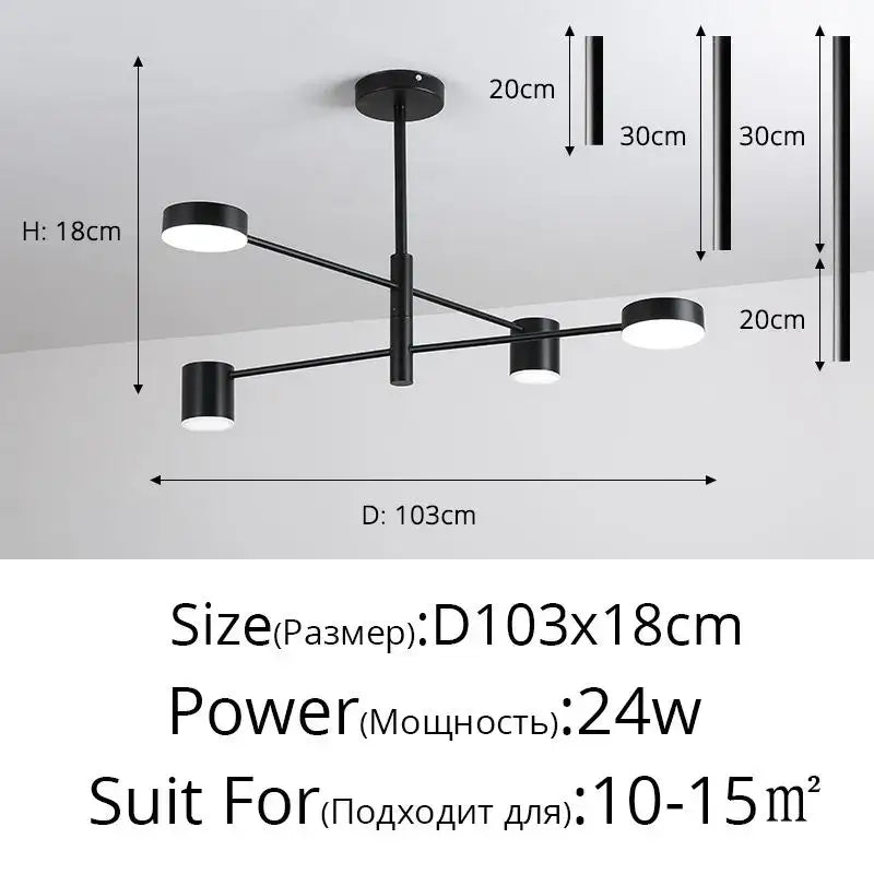 Modern black wrought iron chandelier with four circular led lights and central stem for contemporary living rooms