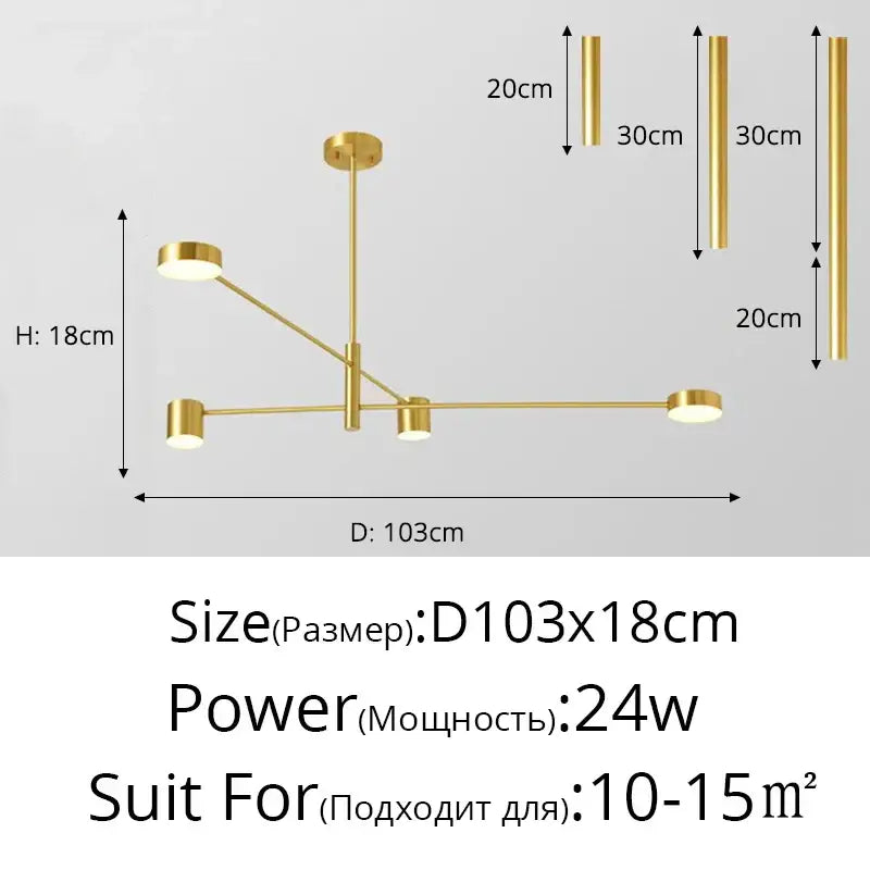 Modern black wrought iron chandelier with gold-finished minimalist cylindrical lights and central hanging rod for living room