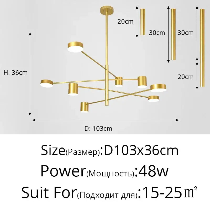 Modern black wrought iron chandelier with gold finished cylindrical lights in a geometric branching design for living rooms