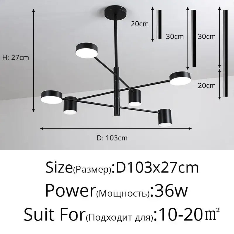 Modern black wrought iron chandelier with six cylindrical lights and central pole for contemporary living room interiors