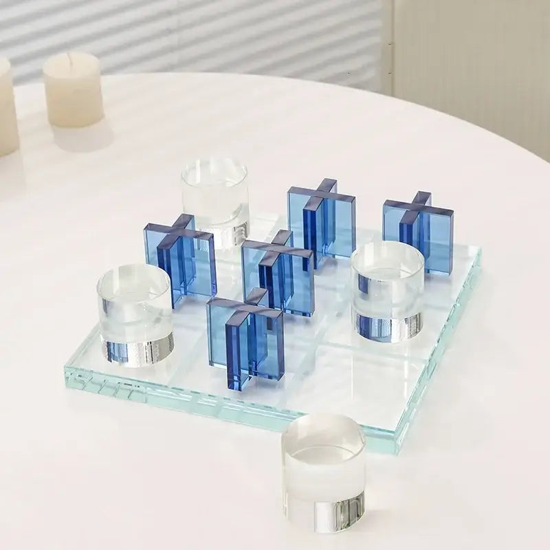Modern blue acrylic decorbites crystal chessboard set with blue and clear acrylic tic-tac-toe pieces and metallic bases