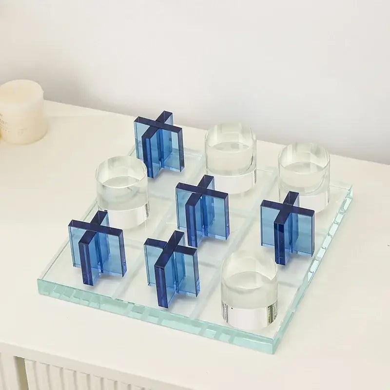 Modern blue acrylic decorbites crystal tic tac toe set with transparent glass board and blue clear acrylic pieces