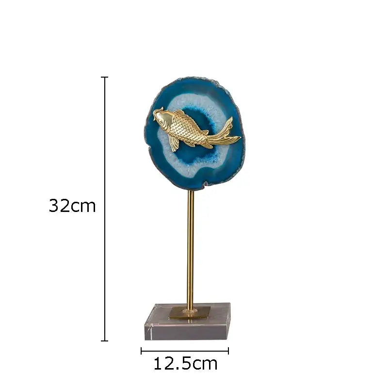 Modern blue agate and golden fish statue with brass stand on clear acrylic base for decorbites blue agate decor