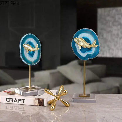 Modern blue agate slice decorative stand with golden fish figurine for stylish living room decor by decorbites blue agate