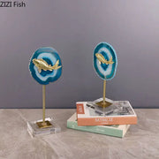 Decorbites blue agate slice decorative stand with golden fish figurine for modern living room decor