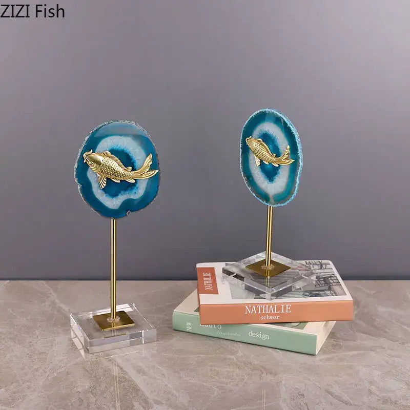 Decorbites blue agate slice decorative stand with golden fish figurine for modern living room decor