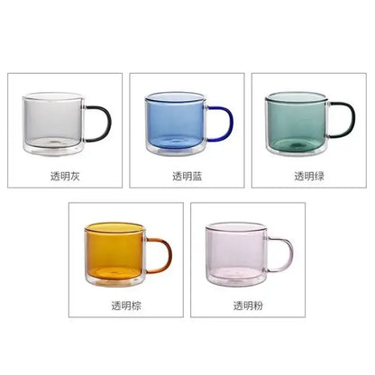 Clear double-walled glass mugs set with black handles in blue amber green gray and pink translucent hues for dining