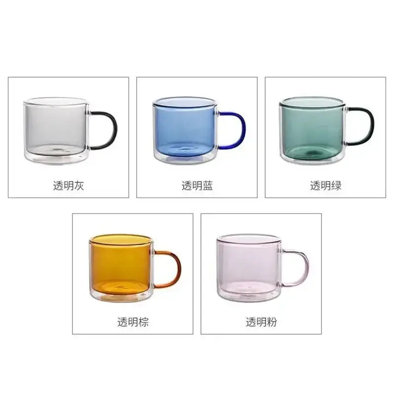 Clear double-walled glass mugs set with black handles in blue amber green gray and pink translucent hues for dining