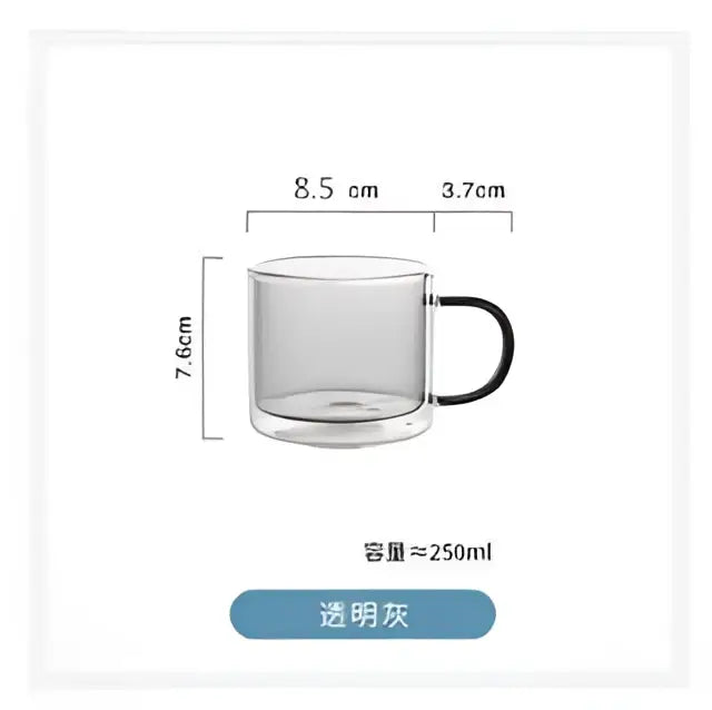 Transparent gray double-walled glass mug with black handle from modern blue amber and green glass mugs set for dining use