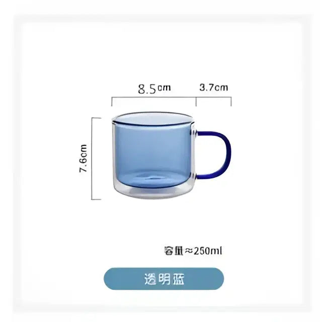 A transparent blue double-walled glass mug with a dark blue handle in a modern glass mugs set for dining